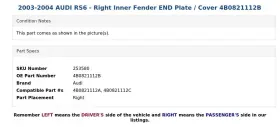 4B0821112B AUDI Right Inner Fender End Plate Cover #3