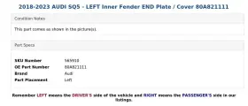 80A821111 AUDI Left Inner Fender End Plate Cover #3