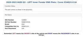 83A821111A AUDI Left Inner Fender End Plate Cover Q3 #3
